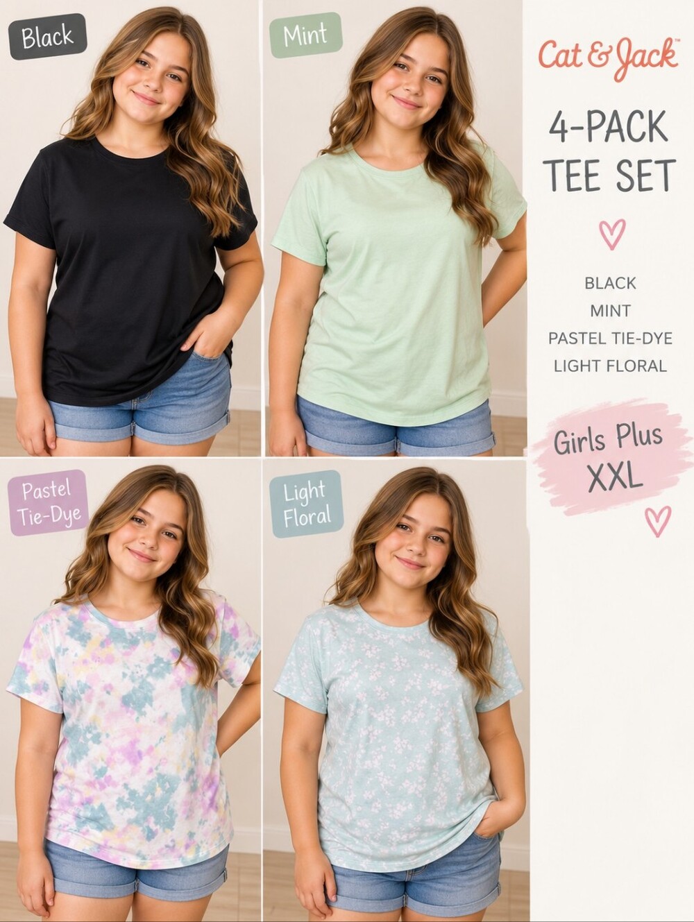 Cat & Jack Girls XXL Plus 4 Pack Short Sleeve T-Shirts Tie Dye Floral Solid